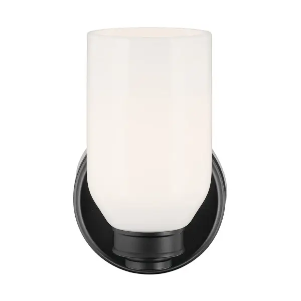 The Shae Wall Sconce combines minimalist design with functional versatility. Its opal glass cylinder shade and dimmable feature make it ideal for ambient lighting in bathrooms, hallways, and bedrooms. - alternate view