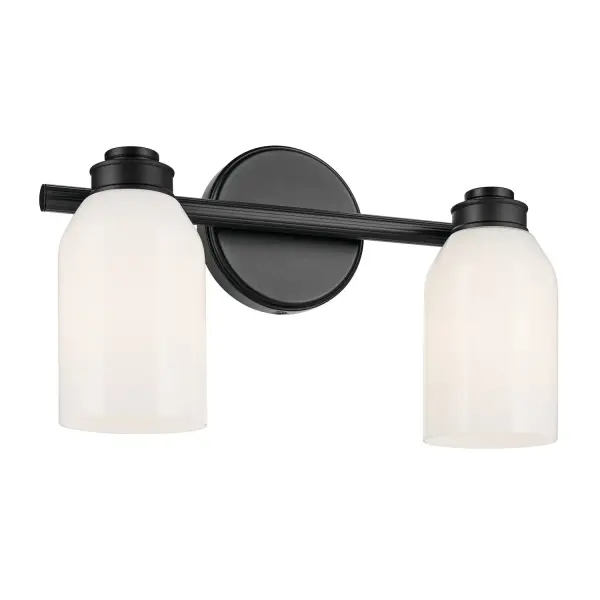 The Shae 2-light vanity combines soft modern and coastal design with ribbed detailing and tapered opal glass. Its reversible installation (glass up or down) and refined stacking details make it adaptable to various bathroom styles.