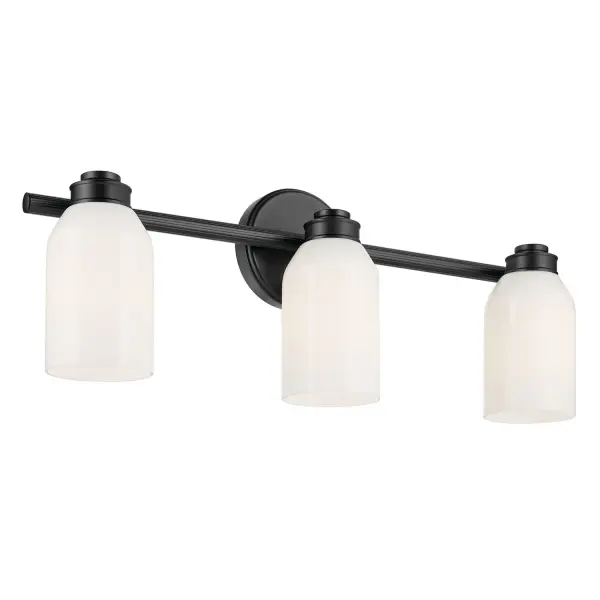 The Shae 3-light vanity combines soft modern and coastal design with practical versatility. Its ribbed arm bar, tapered cased opal glass, and refined stacking details create visual interest while the reversible installation allows customization.