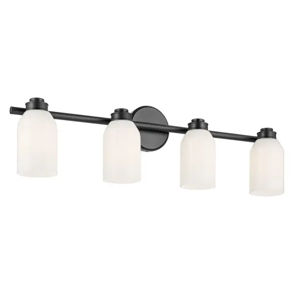 The Shae 4-light vanity combines soft modern and coastal design with practical versatility. Its ribbed arm bar, tapered cased opal glass, and refined stacking details create visual interest while the reversible installation allows customization.