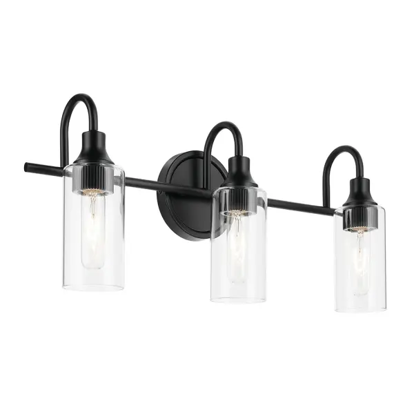 The Kavi 3-Light Vanity Light combines contemporary design with practical functionality. Clear glass cylinder shades provide bright, even illumination while the sleek black finish adds modern sophistication to any bathroom.