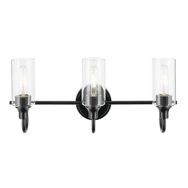 The Kavi 3-Light Vanity Light combines contemporary design with practical functionality. Clear glass cylinder shades provide bright, even illumination while the sleek black finish adds modern sophistication to any bathroom. - alternate view
