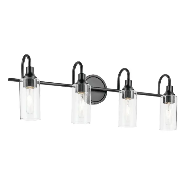 The Kavi 4-light vanity fixture brings sophisticated European design to modern bathrooms with its elegant curved profile and fluted socket detailing. Clear glass shades provide excellent task lighting while the matte black finish adds contemporary edge. At 31.5 inches wide, it's perfectly sized for double vanities and offers dimmable functionality for customizable ambiance.