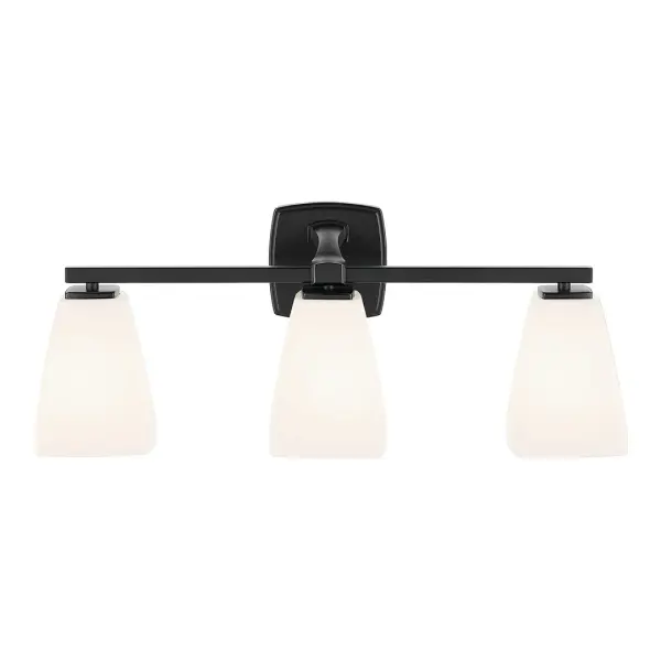 The Marant vanity light combines modern sophistication with practical functionality. Its 23.75-inch width makes it ideal for medium to large vanities, while the opal glass tapered shades provide soft, flattering illumination perfect for grooming tasks. - alternate view