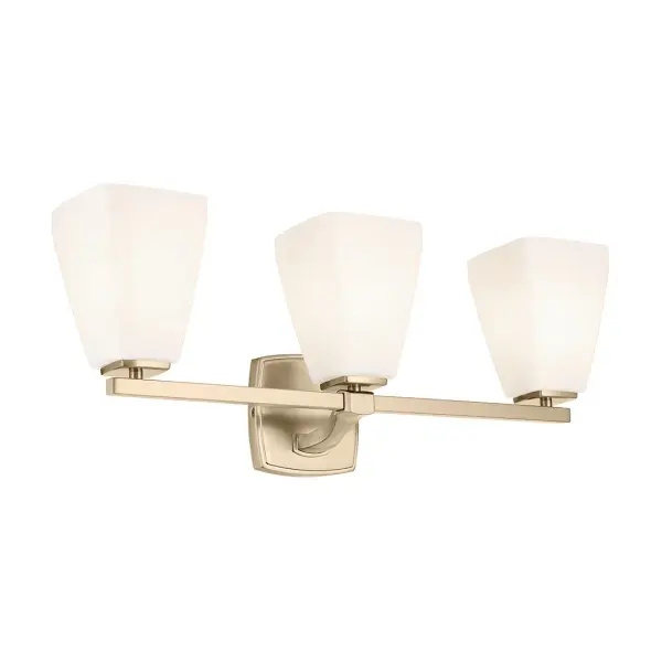 The Marant 3-Light Vanity Light combines sophisticated tapered opal glass shades with a warm Champagne Bronze finish, creating a refined look perfect for modern and traditional bathrooms alike. Dimmable and damp-rated for versatility.