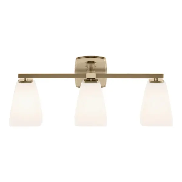 The Marant 3-Light Vanity Light combines sophisticated tapered opal glass shades with a warm Champagne Bronze finish, creating a refined look perfect for modern and traditional bathrooms alike. Dimmable and damp-rated for versatility. - alternate view