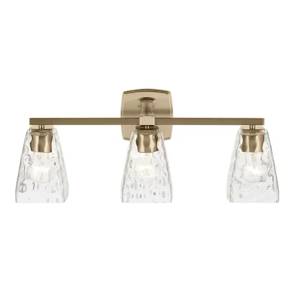 The Marant 3-Light Vanity Light combines sophisticated Champagne Bronze finish with clear water glass tapered shades, creating a refined look perfect for modern bathrooms. Dimmable and damp-rated for versatile installation. - alternate view