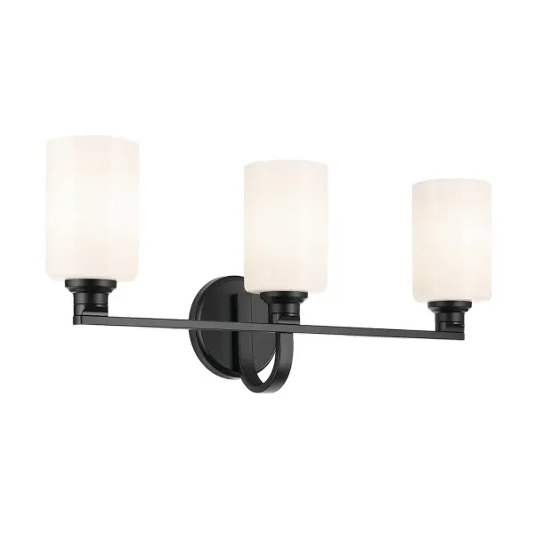 The Gioe 3-Light Vanity Light combines sleek black finish with opal glass cylinders for sophisticated bathroom illumination. Dimmable and damp-rated, it offers versatile lighting control in a contemporary design.