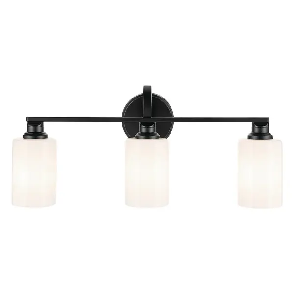 The Gioe 3-Light Vanity Light combines sleek black finish with opal glass cylinders for sophisticated bathroom illumination. Dimmable and damp-rated, it offers versatile lighting control in a contemporary design. - alternate view
