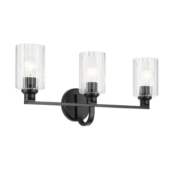 The Gioe 3-Light Vanity Light combines classic fluted glass cylinders with a sleek black finish for a sophisticated bathroom lighting solution. Its 24.25-inch width provides ample illumination while the dimmable feature and damp rating ensure functionality and longevity.