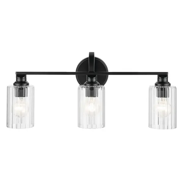 The Gioe 3-Light Vanity Light combines classic fluted glass cylinders with a sleek black finish for a sophisticated bathroom lighting solution. Its 24.25-inch width provides ample illumination while the dimmable feature and damp rating ensure functionality and longevity. - alternate view