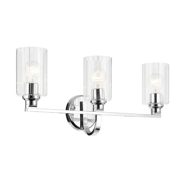 The Gioe 3-Light Vanity Light combines classic fluted glass cylinders with a sleek chrome finish for a sophisticated bathroom lighting solution. Its 24.25-inch width provides ample illumination while the dimmable feature and damp rating ensure functionality and longevity.