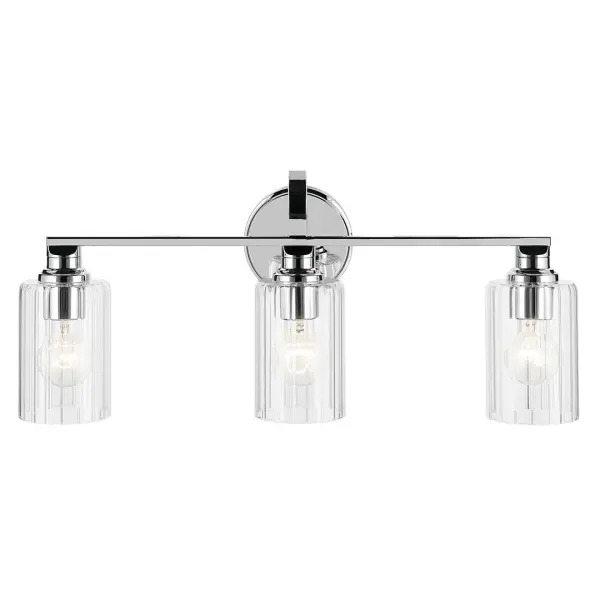 The Gioe 3-Light Vanity Light combines classic fluted glass cylinders with a sleek chrome finish for a sophisticated bathroom lighting solution. Its 24.25-inch width provides ample illumination while the dimmable feature and damp rating ensure functionality and longevity. - alternate view