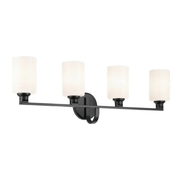 The Gioe vanity light combines geometric simplicity with functional elegance. Its opal glass shades provide soft, even illumination perfect for grooming tasks while the black finish adds modern sophistication to any bathroom.