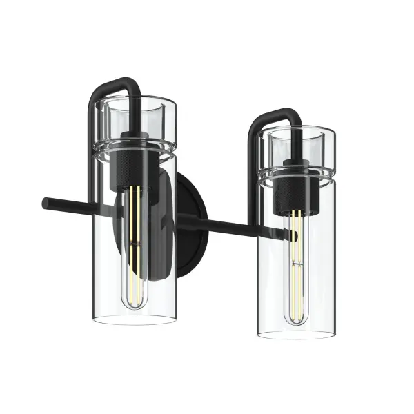The Niccol two-light vanity fixture brings industrial charm to bathroom spaces with its black steel frame and clear glass shades. Compact at 14 inches wide, it's ideal for smaller vanities while providing ample task lighting.