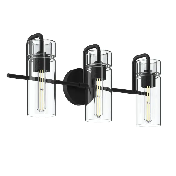 The Niccol 3-light vanity fixture delivers contemporary style with its matte black finish and clear glass shades. At 24 inches wide, it's perfectly sized for standard bathroom vanities and provides ample task lighting.