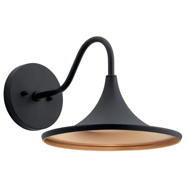 The Elias LED wall mount combines sleek textured black aluminum with a burnished gold interior that creates a warm, inviting glow. Its compact 11-inch width and integrated LED make it energy-efficient and maintenance-free for 40,000 hours.