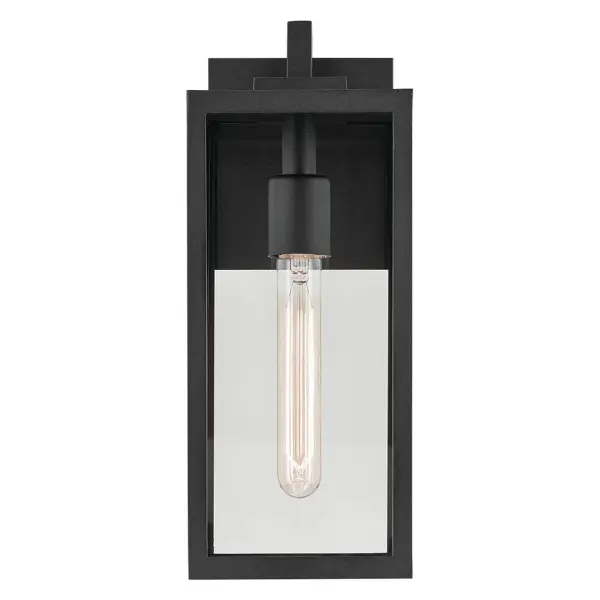 The Branner outdoor wall light combines textured black finish with clear glass for a modern yet timeless look. Wet-rated for harsh weather conditions, this compact fixture delivers reliable illumination for entryways and outdoor spaces. - alternate view