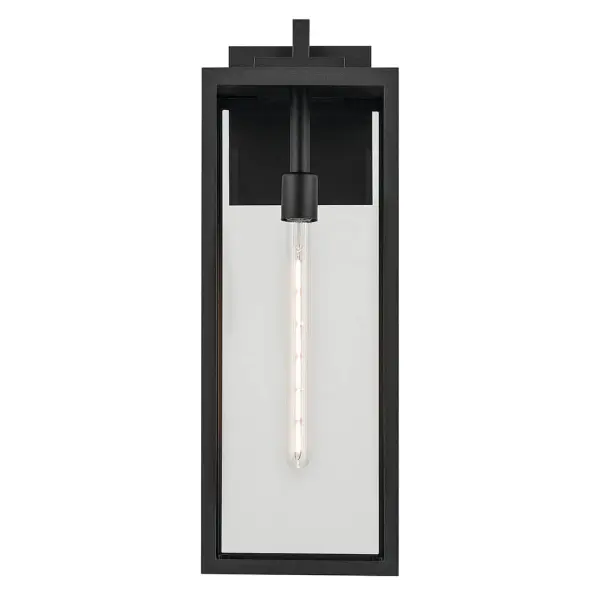 The Branner Outdoor Wall Light combines transitional styling with industrial elements, featuring a textured black finish and clear glass shade. Wet-rated for maximum weather protection, this 24-inch fixture delivers reliable illumination. - alternate view