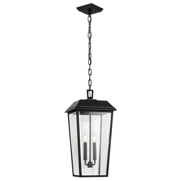 The Mathus outdoor pendant combines durability with sophisticated design, featuring thick beveled glass panes and a textured black aluminum frame. Its compact 10.75-inch width makes it ideal for entryways and covered outdoor spaces.