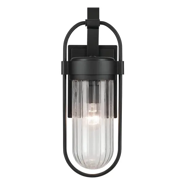 The Brix outdoor wall light combines contemporary design with industrial styling in a durable textured black finish. Featuring clear glass and wet-rated construction, it's built for exposed outdoor conditions. - alternate view