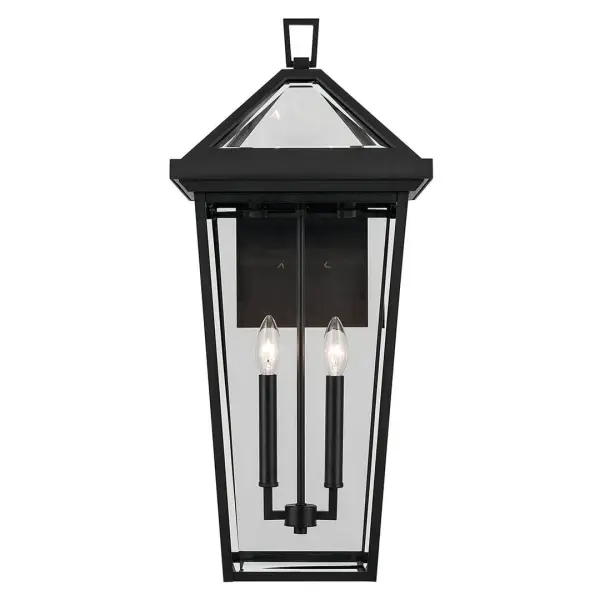 The Regence outdoor wall light brings Old World elegance to exterior spaces with its textured black finish and clear beveled glass panels. At 26 inches tall, this substantial 2-light fixture makes a statement on larger homes. - alternate view