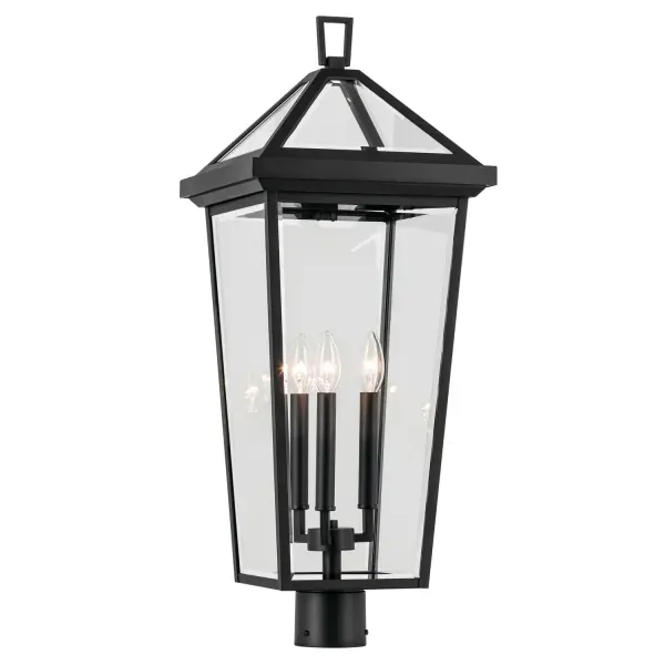 The Regence post mount combines timeless lantern styling with modern durability. Its thick beveled glass and textured black aluminum construction deliver both visual appeal and weather resistance for outdoor spaces.