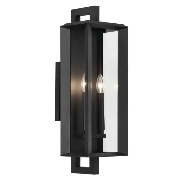 The Kroft outdoor wall sconce combines practical weather protection with contemporary style. Its full interior corner channels prevent water intrusion while thick clear glass panes showcase candle-style bulbs. The textured black finish and aluminum construction deliver durability for exposed outdoor locations.