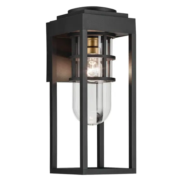 The Hone Outdoor Wall Light combines contemporary design with robust weather protection. Featuring a textured black finish with natural brass accents and clear glass, this wet-rated fixture delivers both style and performance.