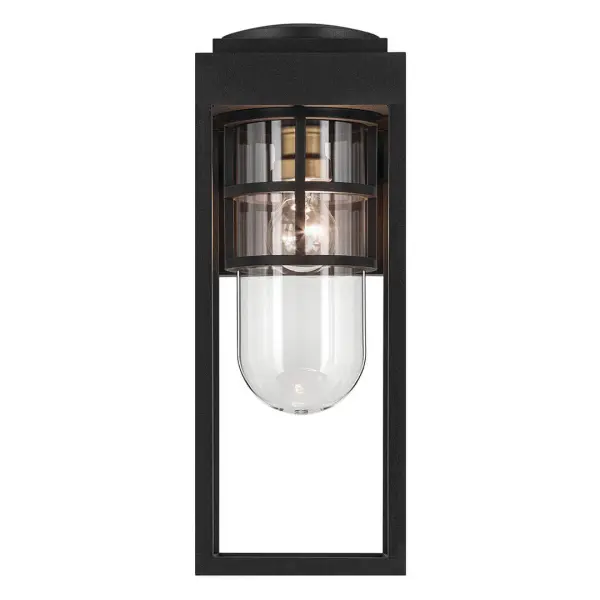 The Hone Outdoor Wall Light combines contemporary design with robust weather protection. Featuring a textured black finish with natural brass accents and clear glass, this wet-rated fixture delivers both style and performance. - alternate view