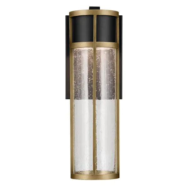 The Camillo combines contemporary design with industrial elements, featuring textured black finish with natural brass accents and clear seeded glass. Wet-rated and energy-efficient with integrated LED, perfect for modern outdoor spaces. - alternate view