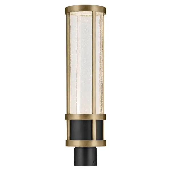 The Camillo combines textured black and natural brass finishes with clear seeded glass for a sophisticated outdoor lighting solution. Energy-efficient integrated LED technology and wet-rated durability make it ideal for any exterior setting.