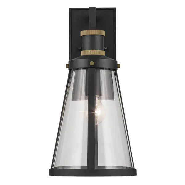 The Talman combines textured black and natural brass finishes with clear glass for a refined outdoor lighting solution. Its 18-inch height provides substantial presence while the wet-rated construction ensures durability. - alternate view