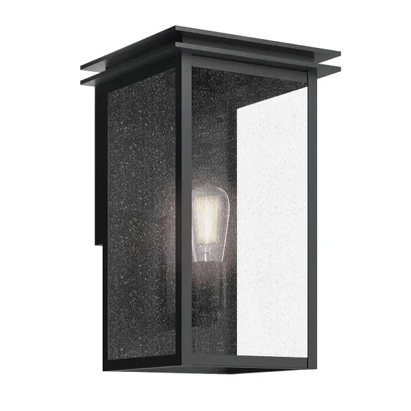 The Arkville outdoor wall light combines rustic farmhouse charm with durable wet-rated construction. Its black textured finish and seeded glass shade create warm, inviting illumination for entryways and outdoor living spaces.