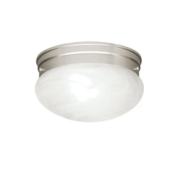 The Ceiling Space flush mount offers a clean, understated design perfect for smaller spaces. Its 9.25-inch diameter and alabaster glass provide soft, diffused lighting while the brushed nickel finish adds versatility.