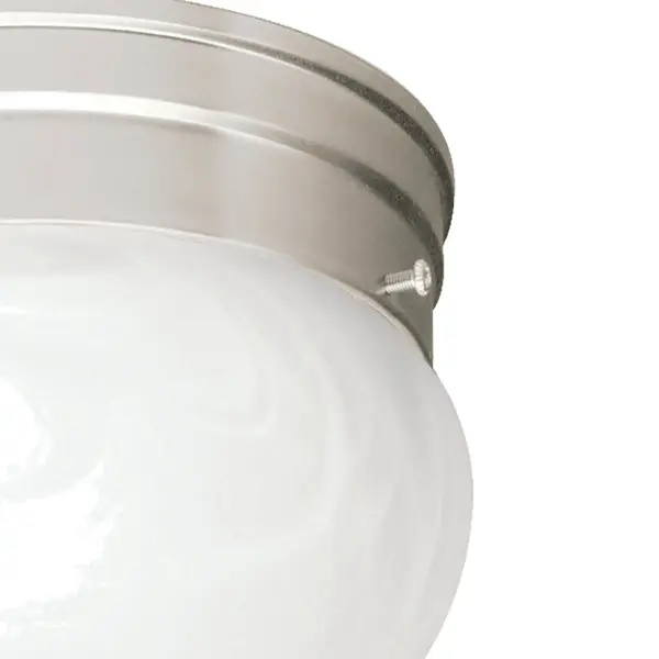 The Ceiling Space flush mount offers a clean, understated design perfect for smaller spaces. Its 9.25-inch diameter and alabaster glass provide soft, diffused lighting while the brushed nickel finish adds versatility. - alternate view