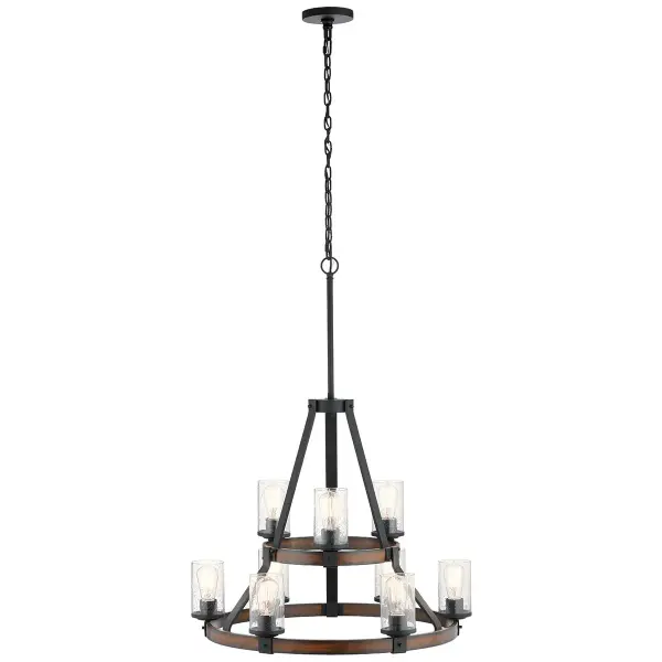 The Barrington brings rustic charm with its distressed black finish and clear seeded glass shades. This 9-light multi-tier design creates dramatic visual impact perfect for large dining spaces and entryways.