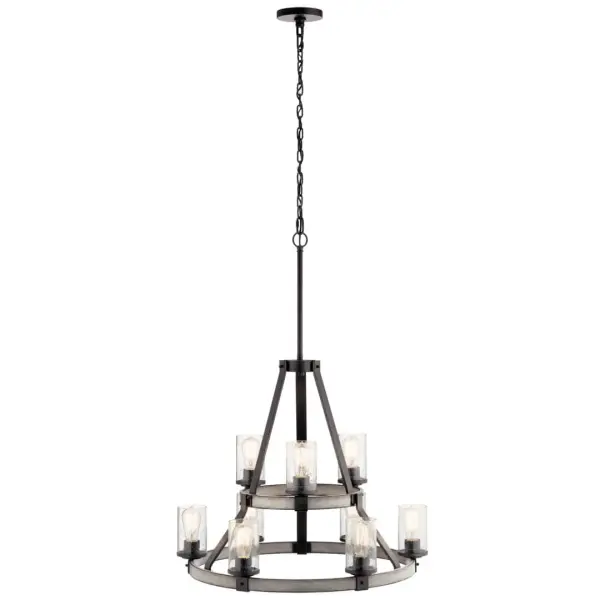 The Barrington brings farmhouse sophistication with its multi-tier design, combining distressed wood tones and anvil iron finish. Nine lights with seeded glass create warm ambiance perfect for large dining spaces and grand entryways.