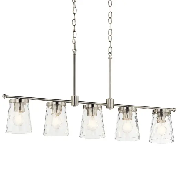 The Coralise Linear Chandelier combines brushed nickel finish with clear water glass shades for a sophisticated coastal-contemporary look. Its 38.75-inch length makes it perfect for kitchen islands and dining tables.