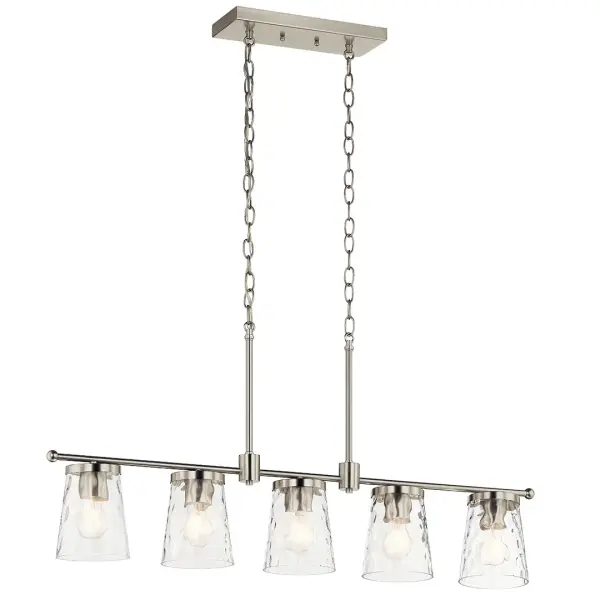 The Coralise Linear Chandelier combines brushed nickel finish with clear water glass shades for a sophisticated coastal-contemporary look. Its 38.75-inch length makes it perfect for kitchen islands and dining tables. - alternate view