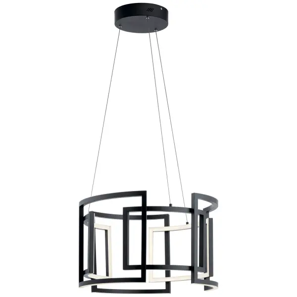 The Melko LED Chandelier brings jewelry-inspired design to modern interiors with interwoven geometric shapes in black aluminum and white acrylic. Integrated LED technology delivers 2700 lumens of warm 3000K light with excellent 90 CRI color rendering.