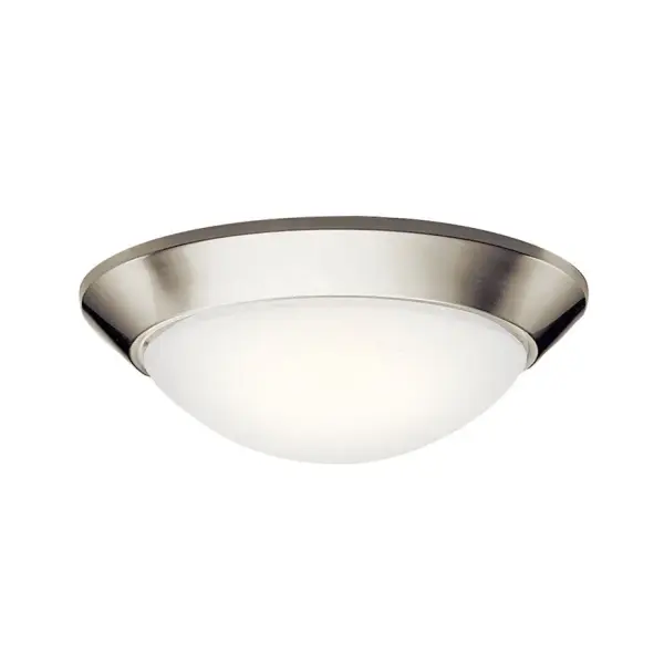 The Ceiling Space flush mount offers reliable 2-light illumination in a low-profile design. Its brushed nickel finish and opal glass shade provide soft, even light distribution ideal for utility spaces and bedrooms.