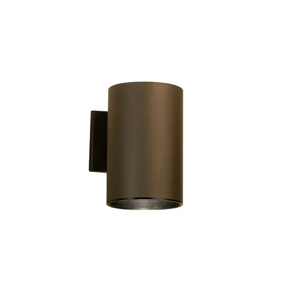 This compact outdoor wall sconce features a sleek metal cylinder shade in Architectural Bronze finish. Dark Sky compliant and wet-rated, it's ideal for eco-conscious homeowners seeking modern outdoor lighting.
