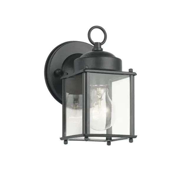 A compact traditional wall lantern that delivers reliable outdoor lighting with a classic profile. The clear glass panels and black aluminum construction offer durability and weather resistance for wet locations.