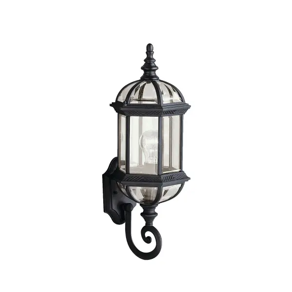 The Barrie Outdoor Wall Light combines traditional styling with durable wet-rated construction. Its clear beveled glass and black finish create a versatile look suitable for various architectural styles.