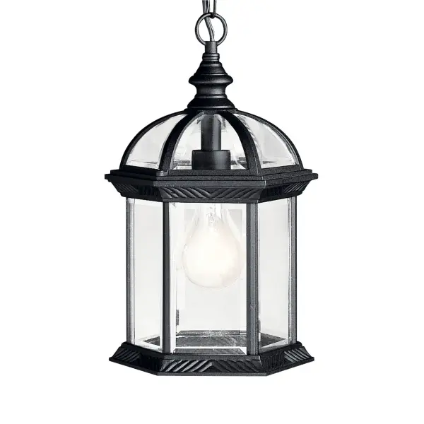 The Barrie outdoor hanging light combines traditional styling with practical outdoor durability. Its clear beveled glass and black finish create a welcoming ambiance for covered outdoor spaces. - alternate view