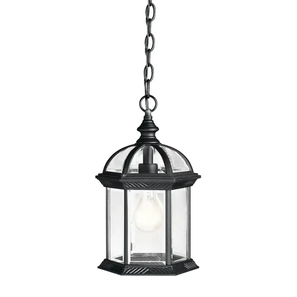 The Barrie outdoor hanging light combines traditional styling with practical outdoor durability. Its clear beveled glass and black finish create a welcoming ambiance for covered outdoor spaces.
