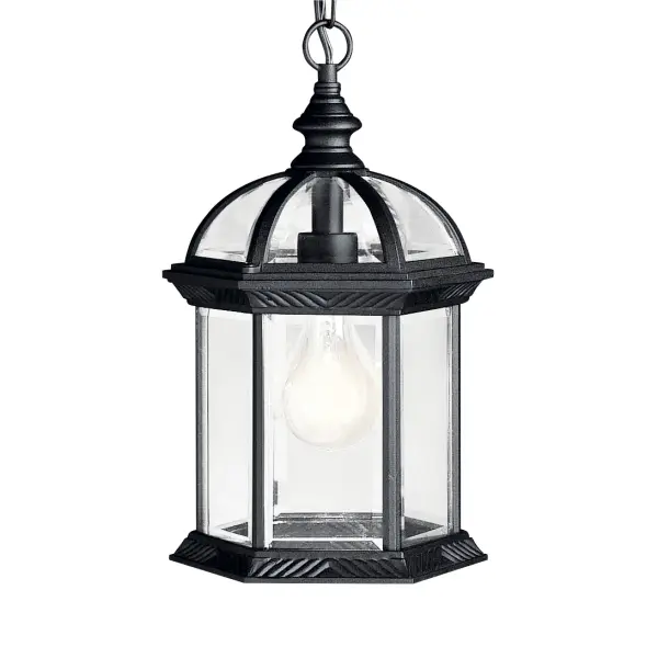 The Barrie outdoor hanging light combines traditional lantern styling with clear beveled glass for a refined look. Its compact 8-inch width makes it ideal for smaller porches and entryways while providing reliable outdoor illumination. - alternate view
