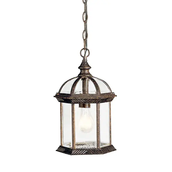 The Barrie outdoor hanging light combines traditional styling with durable construction. Its compact 8-inch width and clear beveled glass make it ideal for covered porches and entryways.