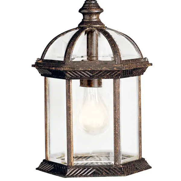 The Barrie outdoor hanging light combines traditional styling with durable construction. Its compact 8-inch width and clear beveled glass make it ideal for covered porches and entryways. - alternate view